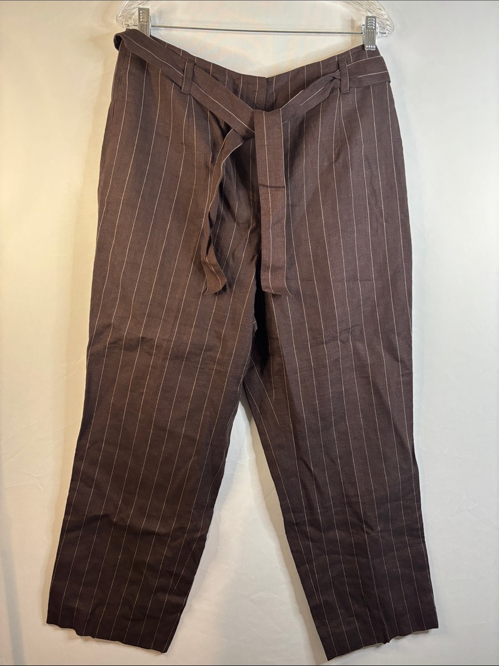 Talbots Brown PinstripeLinen Tie-Waist Women Wide Leg Pants Size 14P
